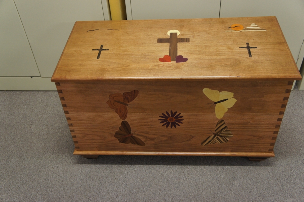 Daisy, 4″ Butterfly, Mountain Sunset , Hearts and custom Crosses  on this large Chest – by Roger 3/15/2015